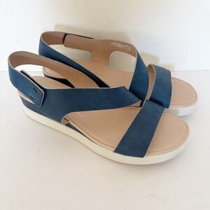 Ecco Woman’s Touch Indigo Blue Leather 2-strap Plateau Platform Sandals Size 11